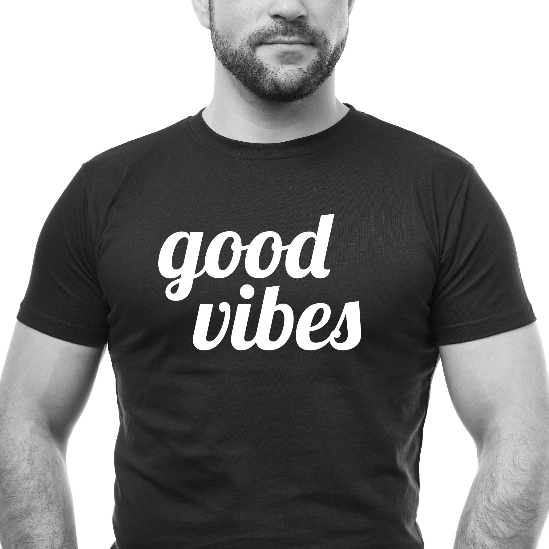 Man wears black T Shirt with Good Vibes text